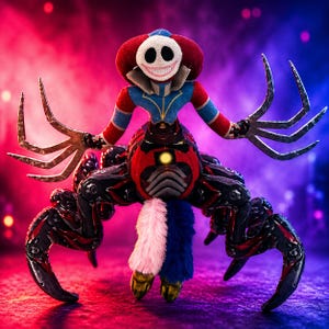 May include: A plush toy creature with a smiling face, red and blue clothing, and multiple claw-like appendages. The toy has a red and white hat and a furry tail with pink, white, and blue accents. The creature's body is primarily black and red.