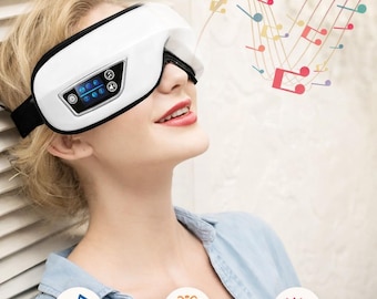 Masajeador eléctrico de ojos blancos con compresa caliente, vibración 6D y música Bluetooth.