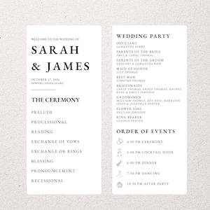 May include: A white wedding program card with black text featuring the names Sarah and James, the date October 17, 2026, and location Newport, Rhode Island. The card lists the ceremony order, wedding party members, and a timeline of events.
