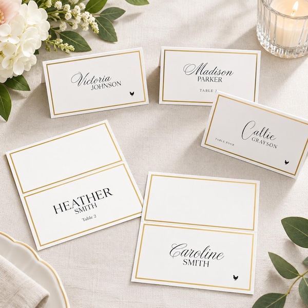 Printed Custom Gold Foil Border Place Cards 2 x 3.5 | Personalized Table Tent Cards | FedEx 2nd Day Shipping