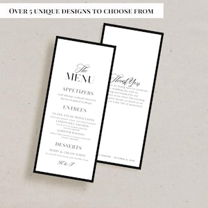 May include: Two rectangular white paper cards with black borders featuring black text. One card displays a wedding menu with sections for appetizers, entrees, and desserts. The other card shows a thank you message with the names K & T and October 11, 2026.
