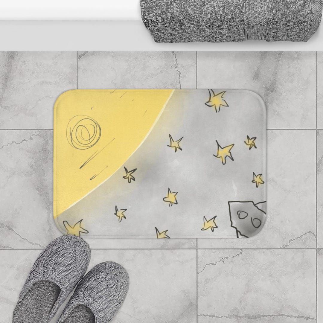 Whimsical Moon and Stars Bath Mat | Yellow Grey Night Sky - Etsy
