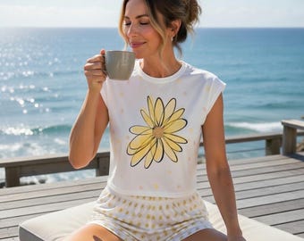 Piżama w żółte stokrotki, krótka piżama | Kwiatowa bielizna nocna