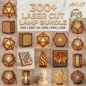 May include: A collection of laser-cut lamps in various geometric shapes and designs. The lamps are made of wood and feature intricate patterns. The image includes the text "300+ Laser Cut Lamp Bundle" and "Instant Download".