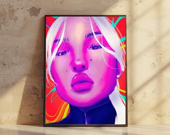 Różowy portret w stylu pop-art | Odważna, modna sztuka ścienna, plakat dekoracyjny w stylu glamour