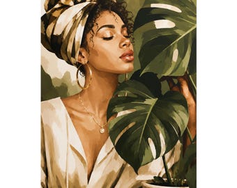 Botaniczny nadruk z czarną kobietą, neutralny plakat z motywem Monstera Afro Chic, nowoczesna dekoracja ścienna w stylu boho