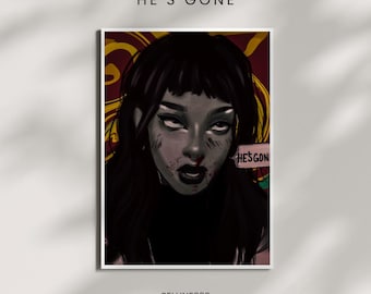 Plakat w rolce z portretem She's Gone | ilustracja gotyckiej dziewczyny, mroczna surrealistyczna sztuka