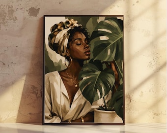 Plakat ścienny z czarną kobietą, neutralny botaniczny nadruk z potworem, plakat w stylu afro chic