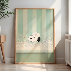 May include: A framed wall art print featuring a cartoon dog with a black ear and nose, submerged in a bathtub filled with white soap bubbles. The background consists of vertical light green and white stripes, with floating bubbles.