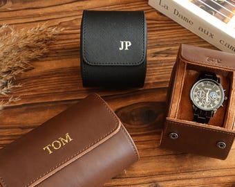 Custom Dark Brown Genuine Leather Watch Case / Travel Watch Box for Men / Personalised Watch Roll Storage Holder | Father's Day Gift
