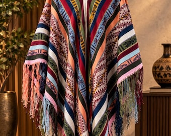 Handgemaakte alpaca poncho, unisex wollen cape, traditionele ambachtelijke poncho, kleurrijke handgeweven alpaca trui, boho cadeau voor hem of haar