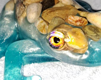 Large Blue Resin Frog with River Rocks, Whimsical Home Decor (7.5x7.5 inch)