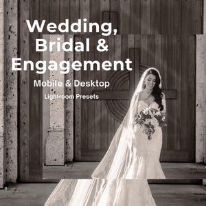 Puede incluir: Una fotografía en blanco y negro de una persona con vestido de novia y velo sosteniendo un ramo frente a grandes puertas de madera. El texto dice: Wedding, Bridal & Engagement, Mobile & Desktop, Lightroom Presets.