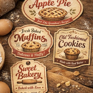 Puede incluir: Una colección de letreros de panadería de estilo vintage con ilustraciones de tarta de manzana, magdalenas y galletas. Los letreros presentan textos como "Homemade Apple Pie" y "Sweet Bakery", con una estética rústica y envejecida. También se ven un rodillo de madera y huevos.