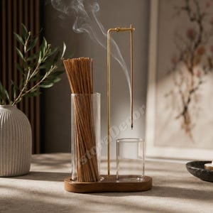 Glass Incense Holder Set, Wood Stand, Ash Catcher, Meditation Decor, Japandi Style