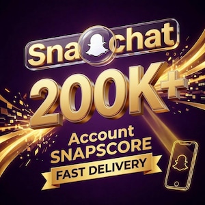 以下が含まれることがあります： 暗い紫色の背景に、金色の3D文字で「Snapchat 200K+ Account SNAPSCORE FAST DELIVERY」と書かれたデジタルグラフィック。金色の光の筋と、白いSnapchatのゴーストロゴが表示されたスマートフォンのアイコンが配置されています。