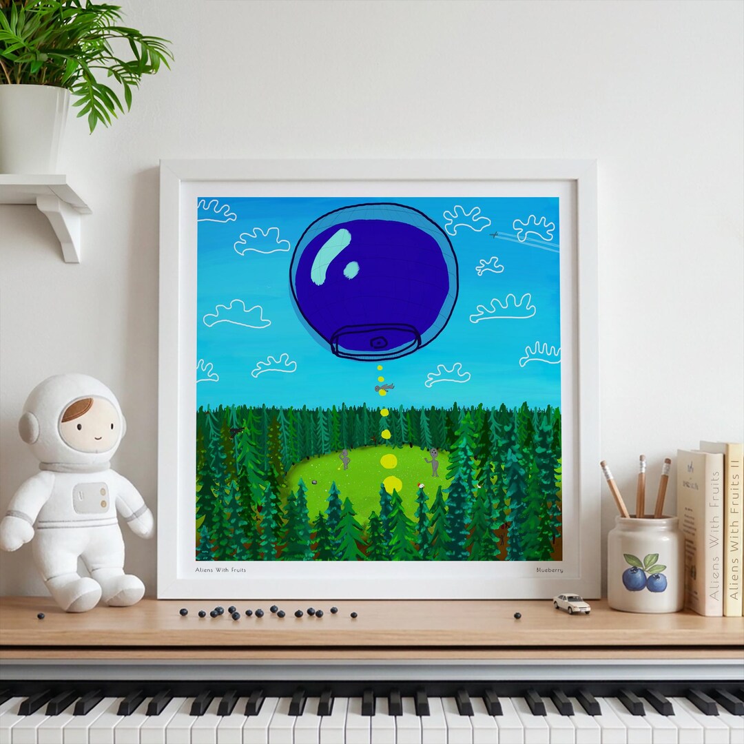 Surrealist Kids Room Wall Art Hand Drawn Aliens Blueberry Spacecraft ...