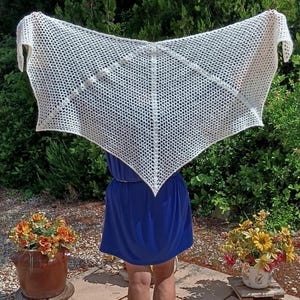 Peut inclure: Un châle blanc en crochet à mailles ajourées est présenté devant un fond de feuillage vert et un ciel bleu. Le châle a une forme triangulaire avec un bord décoratif. La personne porte une robe bleue.