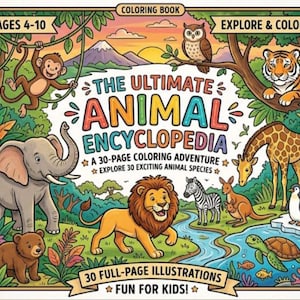 以下が含まれることがあります： 「The Ultimate Animal Encyclopedia」というタイトルの子供向け塗り絵。表紙にはライオン、ゾウ、キリンなど、さまざまな動物のイラストが描かれており、「Explore & Color!」と「Fun for Kids!」というテキストが添えられています。