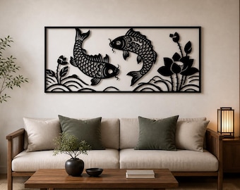Koi Fish Lotus Wall Panel SVG | Japanese Zen Decor (Laser Cut File)