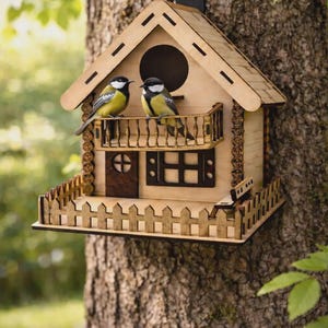 Könnte beinhalten: Ein dekoratives Vogelhaus aus Holz mit Balkon und Zaun, an einem Baum befestigt. Zwei kleine Vögel mit gelbem und schwarzem Gefieder sitzen auf dem Balkon. Das Vogelhaus hat eine kleine Tür und ein Fenster.