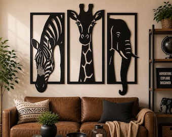 Paquete de archivos SVG para decoración de pared con animales de safari / Cebra, jirafa, elefante (archivo de corte láser, descarga digital)