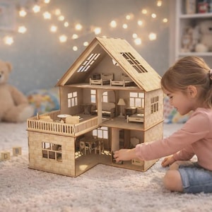 May include: A wooden dollhouse with multiple rooms, furnished with miniature furniture, sits on a fluffy white rug. A young person is playing with the dollhouse. A teddy bear and string lights are in the background.