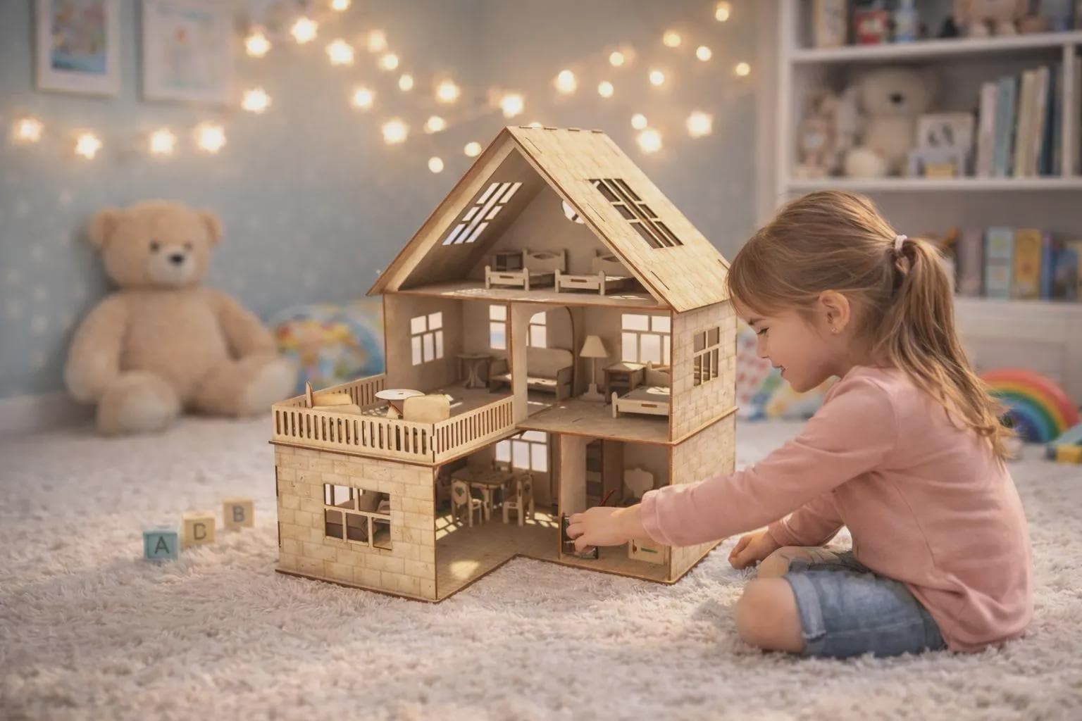 Poppenhuis boekenkast voor knustelen - Duurzaam houten speelgoed