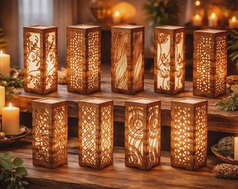 Lámpara de mesa de madera, archivos SVG para corte láser – 8 diseños de lámparas decorativas en 3D (descarga digital)