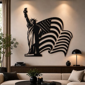 Statua della Libertà con bandiera degli Stati Uniti in formato SVG / Decorazione murale patriottica (download digitale)