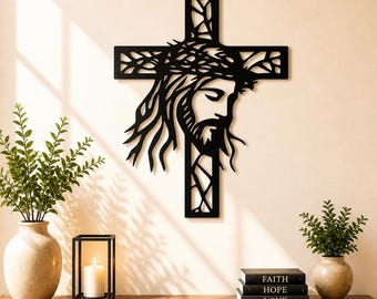 Jesus Cross Wall Art SVG | Crown of Thorns Face Decor (Laser Cut File)