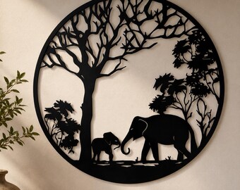 Arte mural circular de la familia de elefantes en safari (SVG), decoración de vida silvestre cortada con láser (SVG)