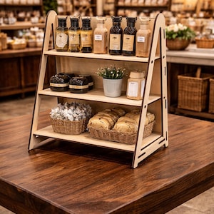 Op de afbeelding: Een houten displayrek met drie niveaus, met diverse producten. De bovenste plank bevat glazen flessen met donkere deksels. De middelste plank toont zwarte containers en een kleine potplant. De onderste plank heeft rieten manden met brood en bloemen.