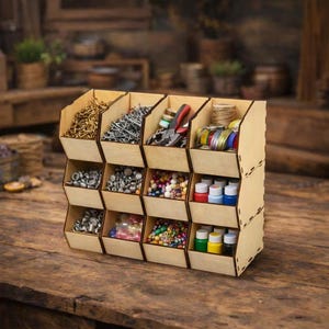 Op de afbeelding: Een houten opbergorganizer met meerdere compartimenten, gevuld met diverse knutselbenodigdheden. De compartimenten bevatten items zoals kettingen, schroeven, kralen en kleine verfpotjes. De organizer is gemaakt van lichtgekleurd hout en staat op een houten oppervlak.