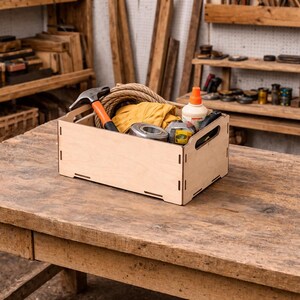 Könnte beinhalten: Eine hellfarbene Werkzeugkiste aus Holz mit verschiedenen Werkzeugen, darunter ein Hammer, ein Seil und eine Klebstoffflasche. Die Kiste steht auf einem Holztisch. Im Hintergrund sind Regale mit weiteren Werkzeugen und Holz zu sehen.
