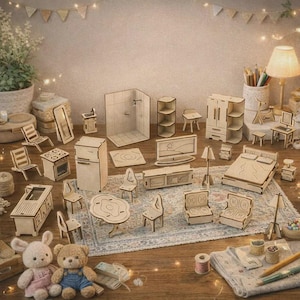 Puede incluir: Una colección de muebles de madera en miniatura para casa de muñecas, que incluye una cama, sillas, una mesa, un refrigerador y un televisor. Las piezas están dispuestas sobre una alfombra estampada, con una lámpara y objetos decorativos en el fondo.
