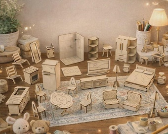 May include: A collection of miniature wooden dollhouse furniture, including a bed, chairs, table, refrigerator, and television. The pieces are arranged on a patterned rug, with a lamp and decorative items in the background. The furniture is made of light-colored wood.