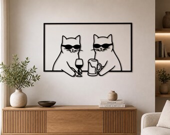 Divertidos dibujos de gatos para pared, arte lineal minimalista, decoración de bar, SVG cortado con láser de metal