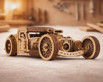 Modelo de coche Hot Rod de madera cortado con láser / Rompecabezas mecánico 3D SVG (Descarga digital)