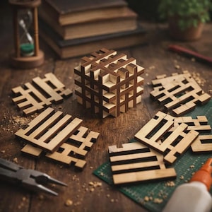 May include: A wooden cube puzzle with interlocking pieces, surrounded by disassembled components. The puzzle is made of light and dark brown wood, with a complex grid-like structure. Other wooden pieces are scattered around the cube, along with tools and glue.