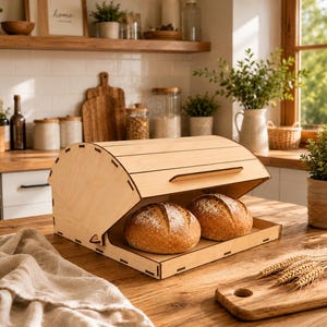 Könnte beinhalten: Eine hellfarbene Brotdose aus Holz mit gewölbtem Deckel, geöffnet, um zwei runde Brotlaibe zu zeigen. Die Dose steht auf einem Holztisch mit einem Schneidebrett und einem Leinentuch. Die Küche umfasst Regale und ein Fenster.