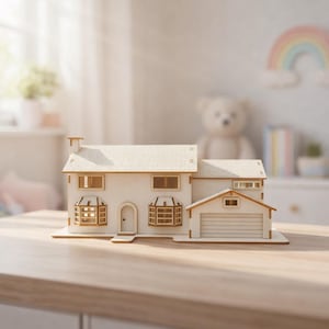 May include: A detailed wooden model of a house with a garage, windows, and a chimney. The house is painted in a light beige color with a light brown roof and window frames. The model is sitting on a light brown wooden surface.