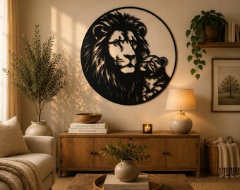 Decoración de pared con temática de familia de leones, silueta de cachorro de león, diseño de safari cortado con láser en formato SVG (descarga digital).