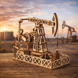 May include: A detailed wooden oil derrick model with a natural wood finish. The model features a beam, gears, and a base with a decorative fence. The background shows a sunset and other oil derricks, with a focus on the intricate design.