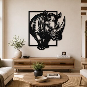 May include: Black metal rhino wall art. The rhino is depicted in a detailed, stylized design, appearing to emerge from a black square frame. The artwork is mounted on a neutral-colored wall, enhancing its visual impact. This piece adds a touch of wildlife to any space.
