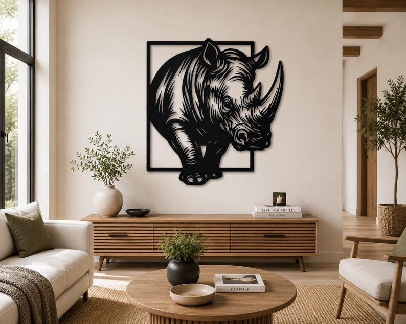 May include: Black metal rhino wall art. The rhino is depicted in a detailed, stylized design, appearing to emerge from a black square frame. The artwork is mounted on a neutral-colored wall, enhancing its visual impact. This piece adds a touch of wildlife to any space.
