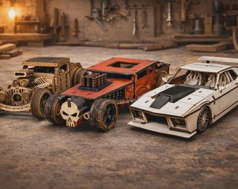 Paquete de archivos SVG de coches de madera cortados con láser: Hot Rod, coche deportivo, Bone Shaker (descarga digital)