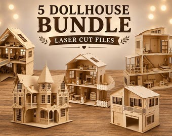 Op de afbeelding: Een verzameling van vijf miniatuur poppenhuizen van hout met gedetailleerde lasersneden, gepresenteerd met de tekst 5 DOLLHOUSE BUNDLE LASER CUT FILES. Elk bouwwerk toont meerdere niveaus, open kamers, balkons en ramen gemaakt van lichtgekleurd hout.