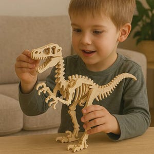 Könnte beinhalten: Ein helles Holzpuzzle eines Dinosaurierskeletts. Das Puzzle besteht aus ineinandergreifenden Holzstücken und wird von einem Kind gehalten. Der Dinosaurier hat einen langen Schwanz und einen detaillierten Brustkorb und Schädel.