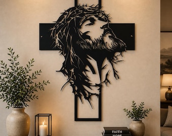 Jesus Kreuz Wand Kunst SVG | Dornenkrone Gesichts Dekor (Laser Cut Datei)